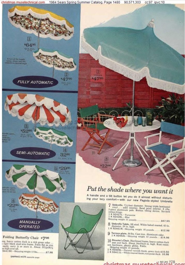 1964 Patio Umbrella's in various patterns and colours plus a directors chair as seen in a 1964 Sears Spring Summer Catalog