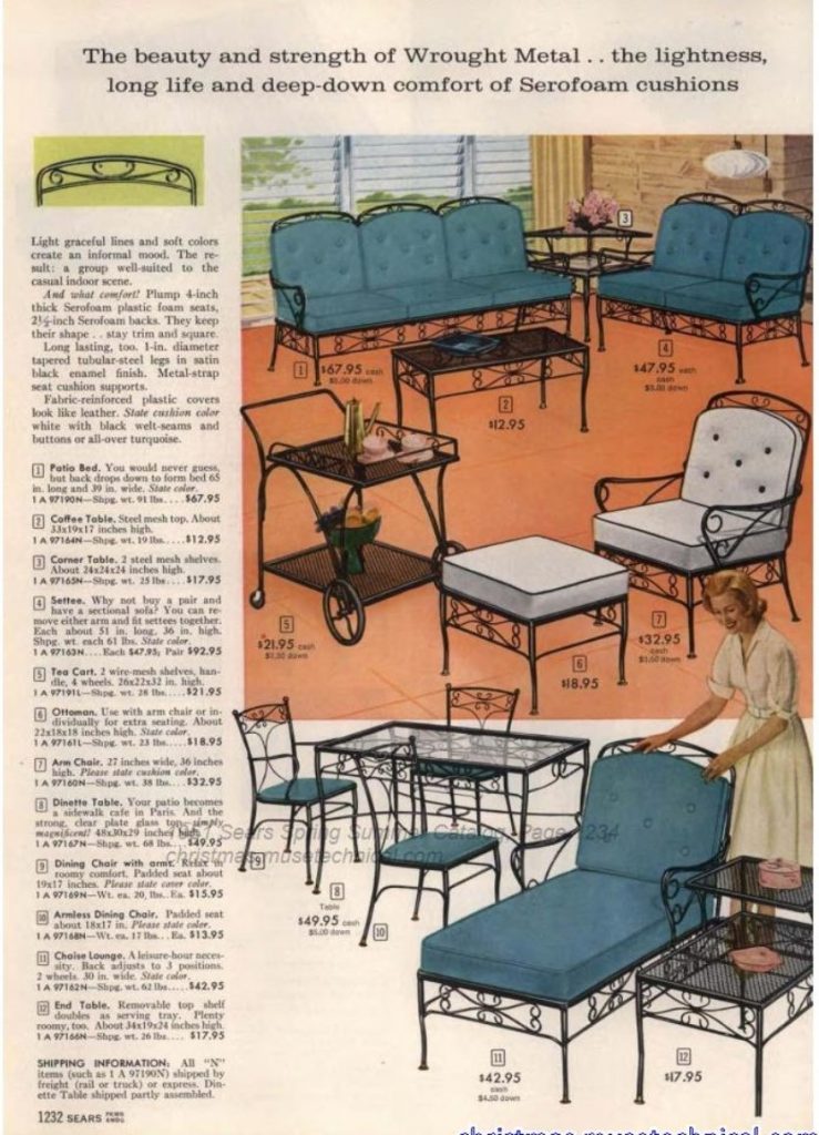 1961 Sears Spring / Summer Catalog: Wrought Metal furniture with Serofoam cushions. Casual Indoor furniture. 