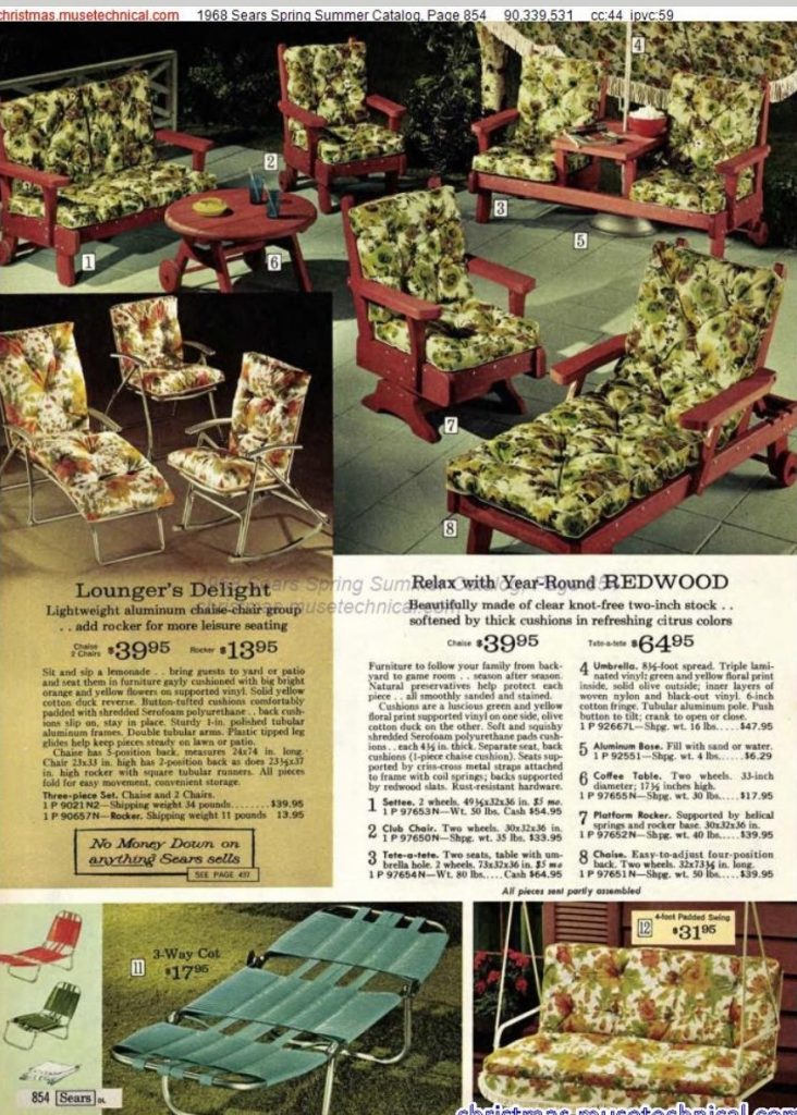 1968 Spring Summer Sears Catalog featuring 1960s Patio furniture. Loungers, lawn chairs and more. 