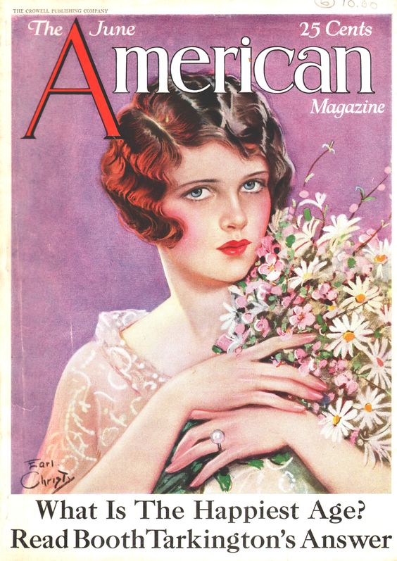 1920s Vintage Magazine Cover -F. Earl Christy - American Magazine cover (June 1926). The cover illustration features a 1920s woman with 1920s hairstyle holding flowers. 