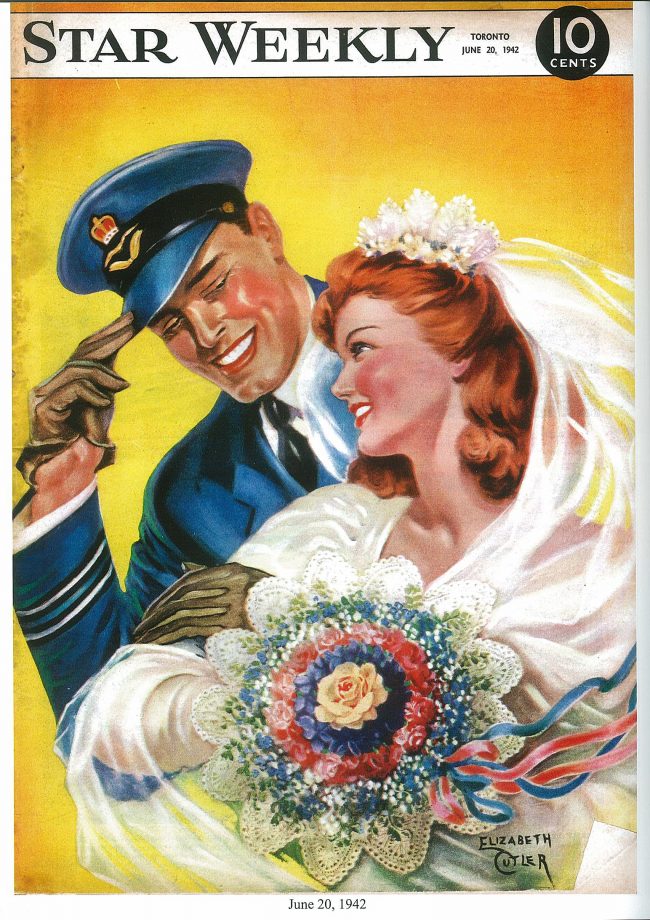 1940s Vintage Magazine Cover from Toronto's Star Weekly. The cover features an illustration of a bride and groom and the groom is a man in uniform. 