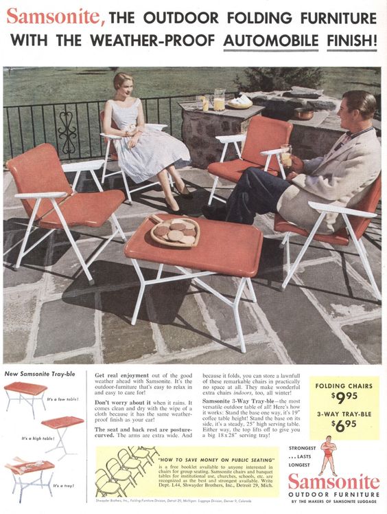 1950s Vintage Ad: Samsonite Outdoor Furniture 1954 Ad. The outdoor folding furniture with the weather-proof automobile finish! 