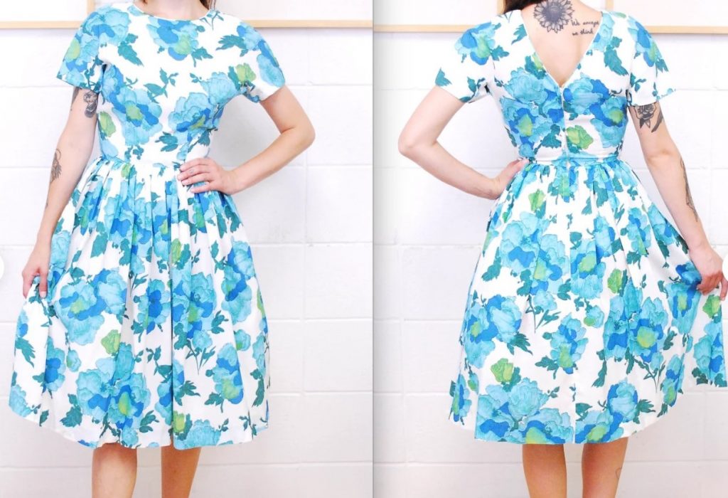 1950's/1960's White and Blue JONATHAN LOGAN Floral Fit and Flare Summer Dress