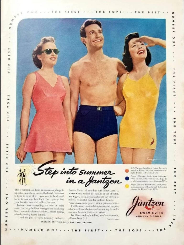 1940 Jantzen Swimsuits Vintage Advertisement featuring 1940s swimsuits for men and women. 