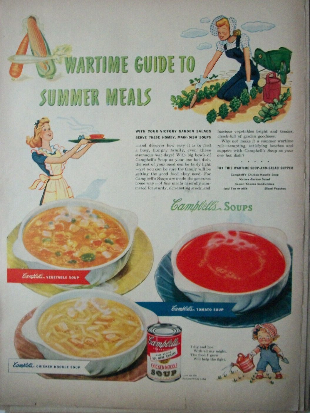 1940s vintage ad: 1943 print ad for Campbell's Soup.."A wartime guide to summer meals".