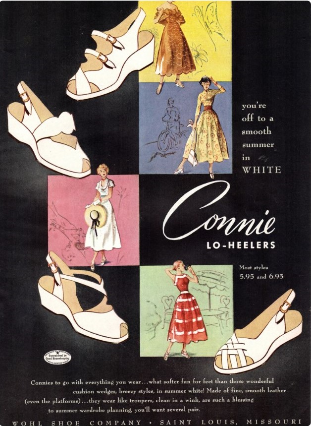 1940s vintage ad: "You're off to a smooth summer in WHITE Connie Lo-Heelers." The vintage fashion ad illustration features women's 1940s shoes and 1940s dresses. 