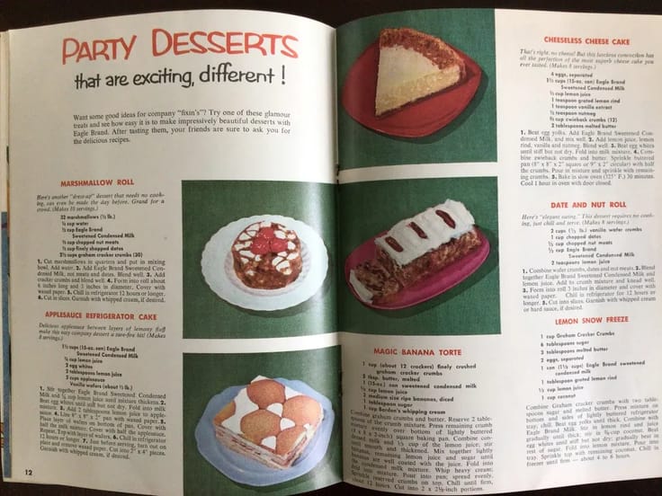 1950s Party Desserts Recipes from a Vintage 1950’s Recipe Booklet, Borden’s Eagle Brand 70 Magic Recipes.