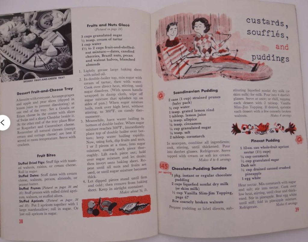 1950s Vintage cookbook from 1958 featuring dessert recipes for Custards, souffles and puddings. 