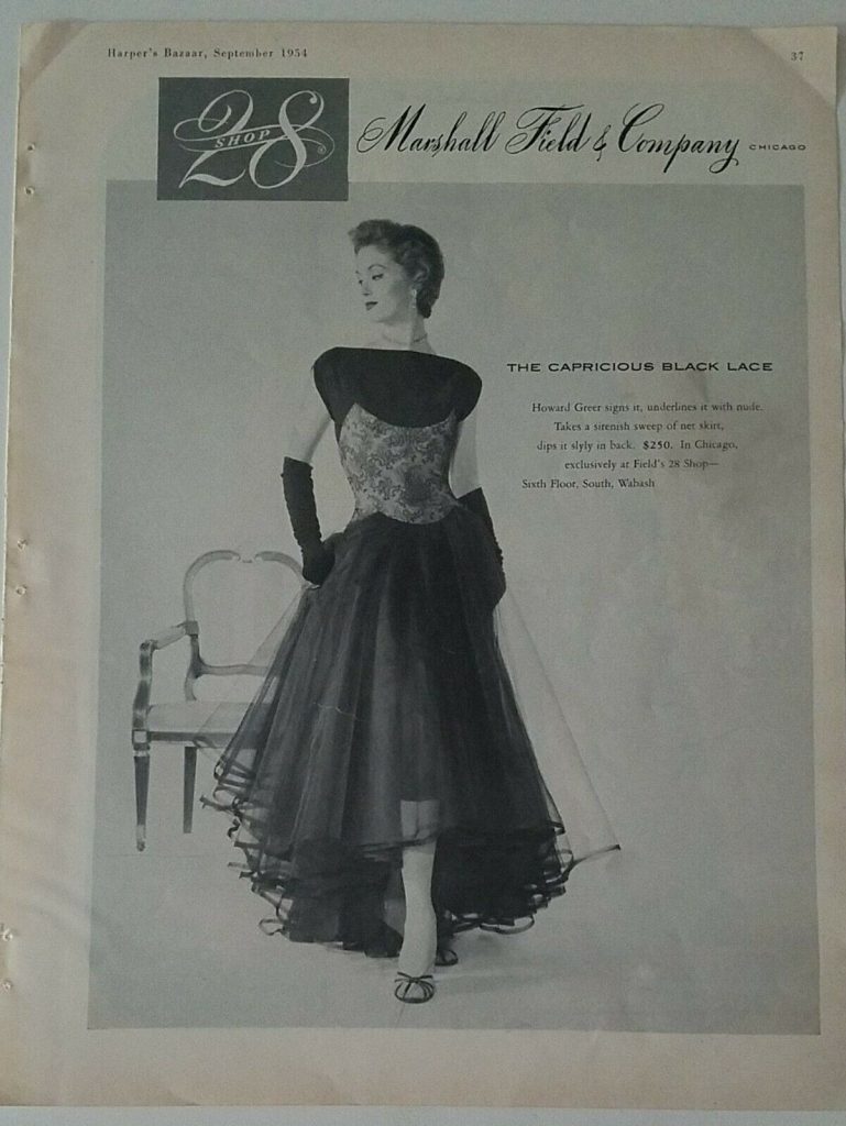 1950s vintage ad: 1954 Marshall Field & Co women's Howard Greer black lace dress vintage ad