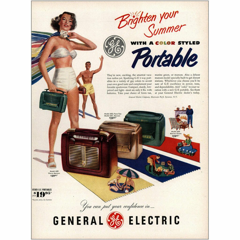 1950 General Electric Portable Radio: Brighten Your Summer. 1950s Vintage Print Ad. The illustration features a couple in 1950s swimsuits and portable radios. 