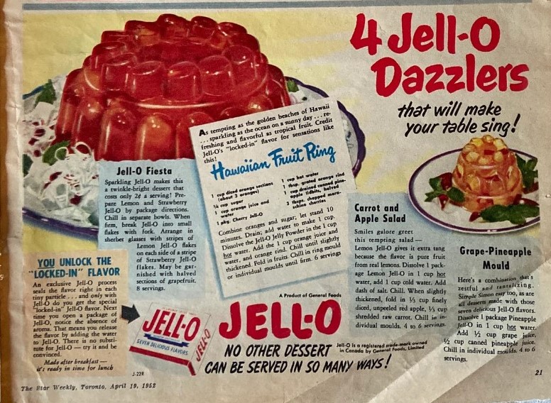 1950s Vintage Ad for Jell-o featuring a recipe for a Jello Mould-Hawaiian Fruit Ring. Perfect for a 1950s party. 