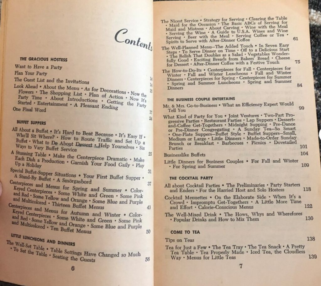 A 1957 printing of "Good Housekeeping Party Menus and Recipes". Based on the original titled "Good Housekeeping Party Book", this paperback book has 200 different menus and 1000 recipes and party ideas