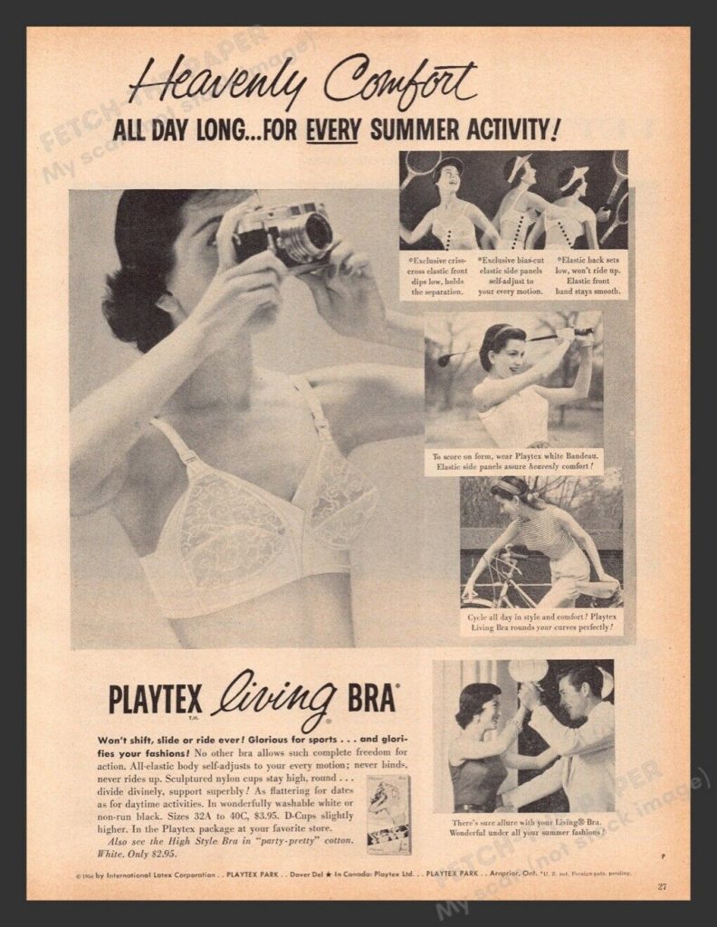 1950s Vintage ad for Playtex Living Bra featuring a woman doing difference activiteis in her bra. 