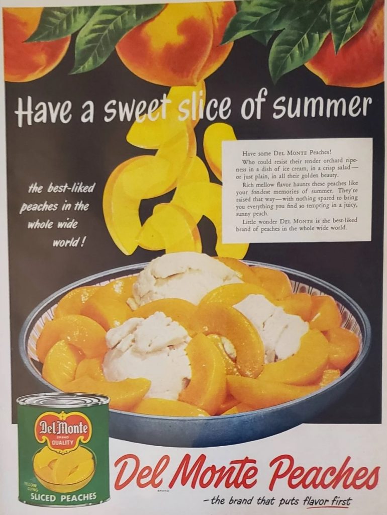 1950s vintage ad: 1950 DEL MONTE PEACHES Peach Fruit Food Sweet Slice of Summer Vintage Print Ad