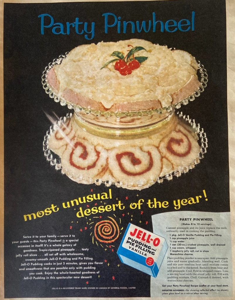 1950s Vintage Ad: 'Party Pinwheel' featuring 'Jell-O Pudding & Pie Filling' as seen in a 1957 advertisement. 