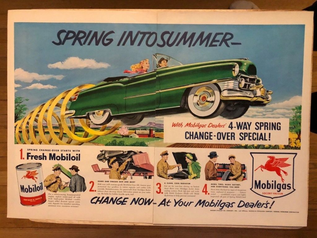 1950s Original Print Ad for 1951 MOBILGAS advertisement featuring a 1950s car in the illustration. 