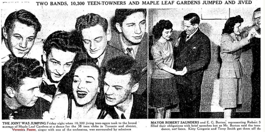 1940s newspaper article featuring images of 1940s teenagers and adults swing dancing and admiring Veronica Foster the singer.