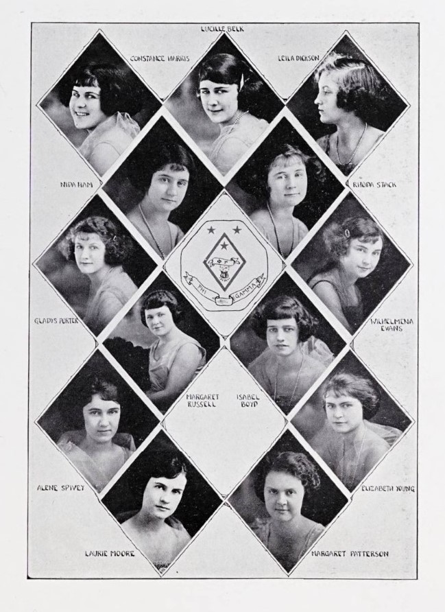 1920s photo of the 1922 'Phi Gamma' Sorority as seen in the Queens University of Charlotte, Nods and Becks yearbook.