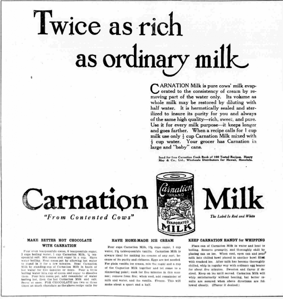 1920s vintage ad for Carnation Milk from 1921 as seen in a Newspaper. 