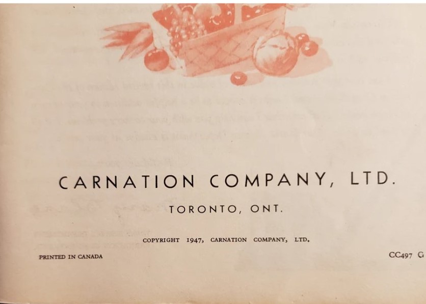 1947 cookbook by Mary Blake. It is called 'Carnation Cookbook' has all kinds of wonderful recipes using carnation products, a lot very representative of the 1940s after war times.