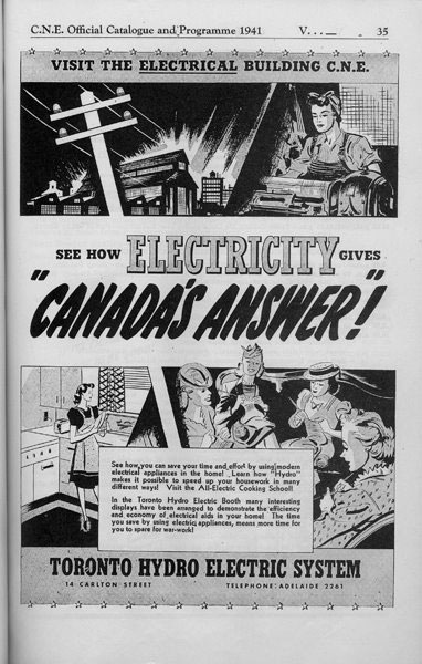 1940s vintage ad for Toronto Hydro Ad In the CNE Programme, 1941 featuring an illustration of how electricity helps women on the homefront. 