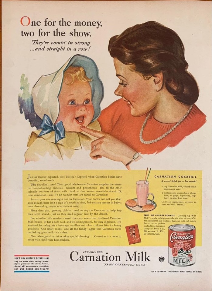 1940s vintage ad for Carnation Milk featuring an illustration of a young mother with her baby and a vintage drink recipe