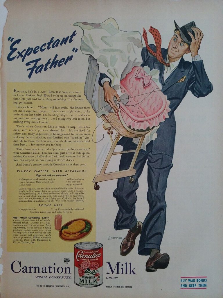 1940s vintage ad: 1945 advertisement "Expectant Father"illustration featuring a carnation milk vintage recipe for 'a fluffy Omelet with Asparagus'.