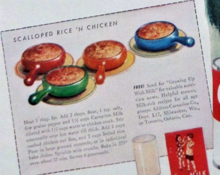 1940s vintage recipe as seen in a 1940s vintage ad for Carnation Milk featuring an illustration of two young men one is shaving and a 1940s recipe for scalloped rice and chicken