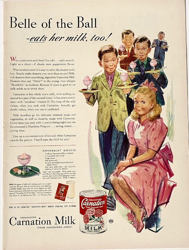 1940s vintage ad for Carnation Milk from 1942 featuring an illustration of a pretty girl being brought dessert from boys. Ad features a vintage dessert recipe