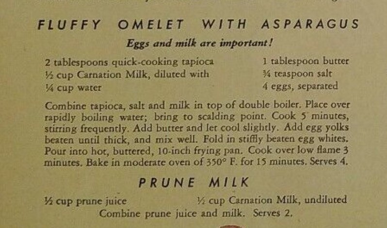 1940s vintage ad for carnation milk featuring a vintage recipe for an omelet with asparagus