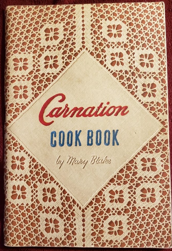 1947 cookbook by Mary Blake. It is called 'Carnation Cookbook' has all kinds of wonderful recipes using carnation products, a lot very representative of the 1940s after war times.