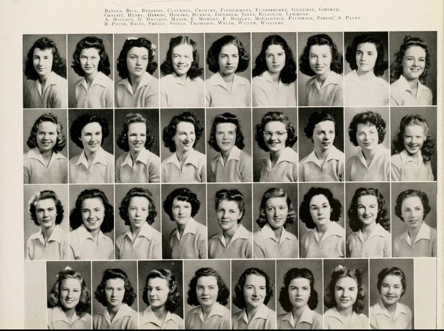 1940s vintage photo of a sorority sisters yearbook photos from 1942-The Chi Omega Sorority. Super 1940s hairstyles. 