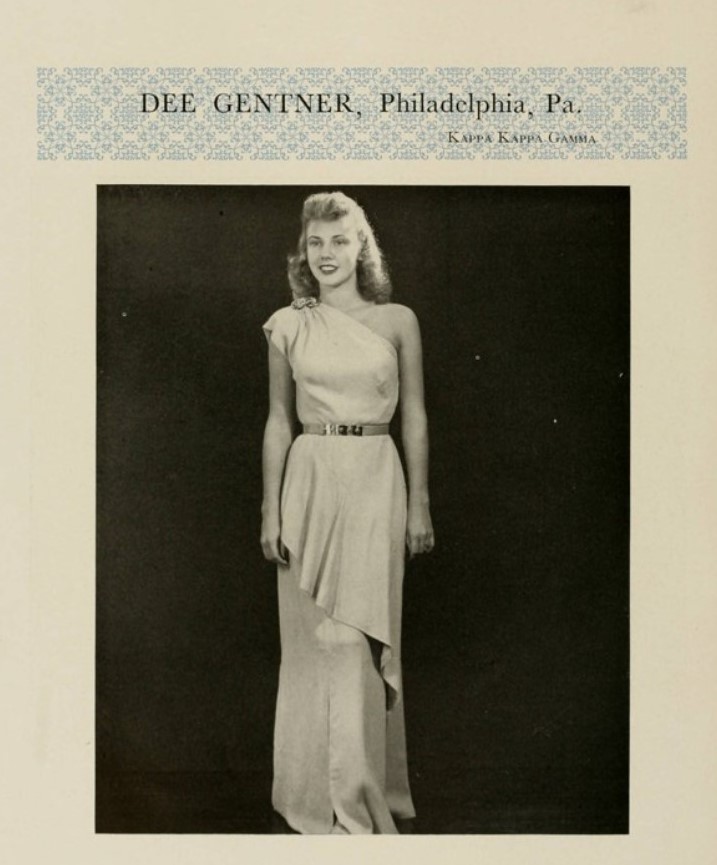 1940s vintage photo of a college beauty in a 1940s dress and 1940s hairstyle as seen in a 1947 yearbook. 