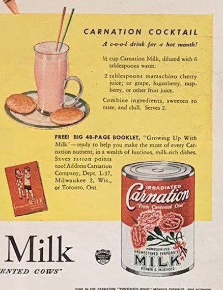 1940s vintage ad for Carnation milk featuring a drink recipe for carnation cocktail. Carnation milk and fruit juice. Perfect vintage summer drink. 