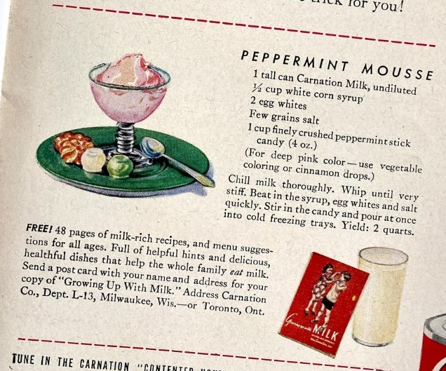 1940s vintage recipe for dessert peppermint mousse. 1940s vintage dessert recipe from carnation milk