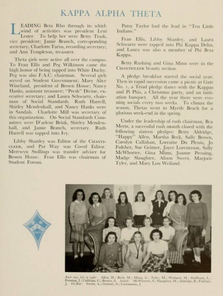 1940s Vintage Yearbook Photo of the Sorority Kappa Alpha theta at Duke University in 1947. The women are all wearing 1940s college fashions. 