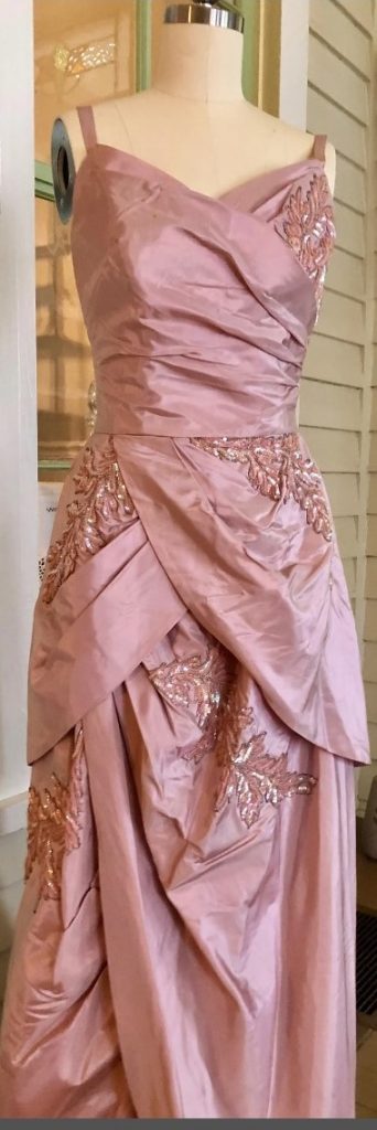 1950s Fashion: An Emma Domb 1950's Evening Gown in a soft rose with sequins. Stunning 1950s Dress. 