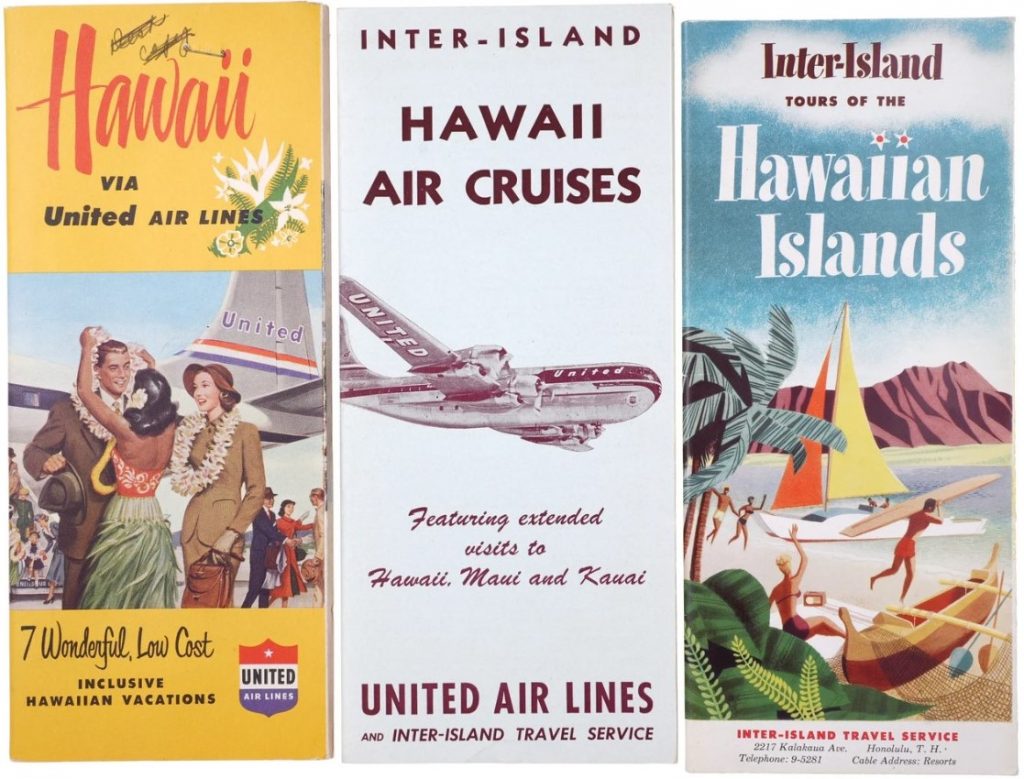 1950s vintage travel brochure: 1952 Hawaiian Islands Travel Brochures Inter Island, United Airlines. The brochures feature beautiful illustrations of people visiting Hawaii, people playing on the beach and flying. 