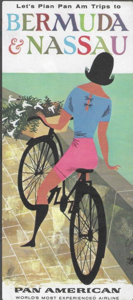 1958 vintage travel brochure for PAN AMERICAN - Nassau & Bermuda featuring an illustration of a woman in Bermuda shorts on a bike. 