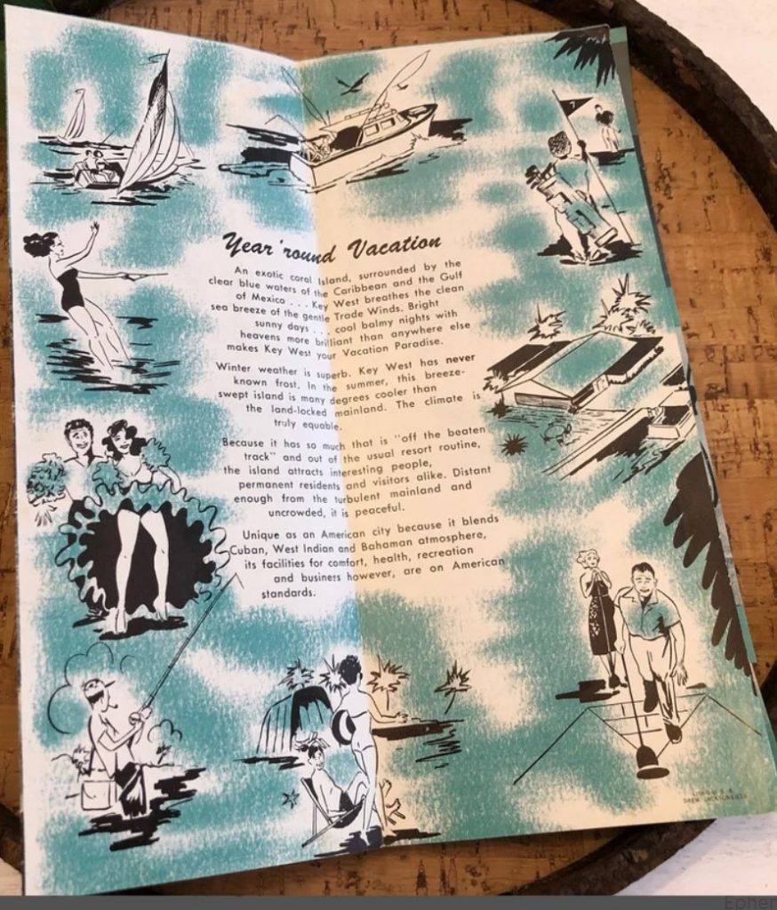 1950s Vintage Travel Brochure for Key West Florida featuring illustrations of things you can do when you visit. 