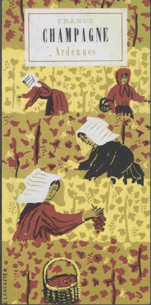 1950s vintage travel brochure for Champagne - Ardennes - France featuring an illustration of woman picking grapes. 