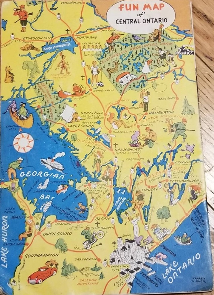 Vintage 1950s Central Ontario Travel Brochure featuring a colourful map of Ontario. 