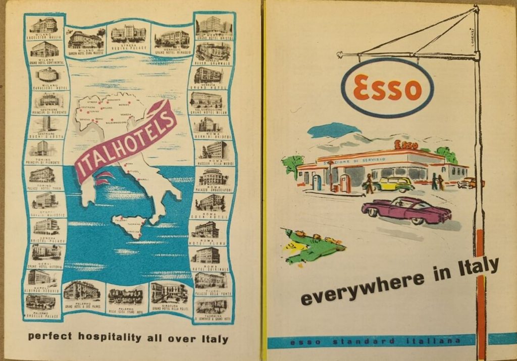 Trip Through Italy 1950s Vintage Travel Guide / 1950s Travel Brochure featuring hotels you can stay at and Esso gas to fill up your car. 