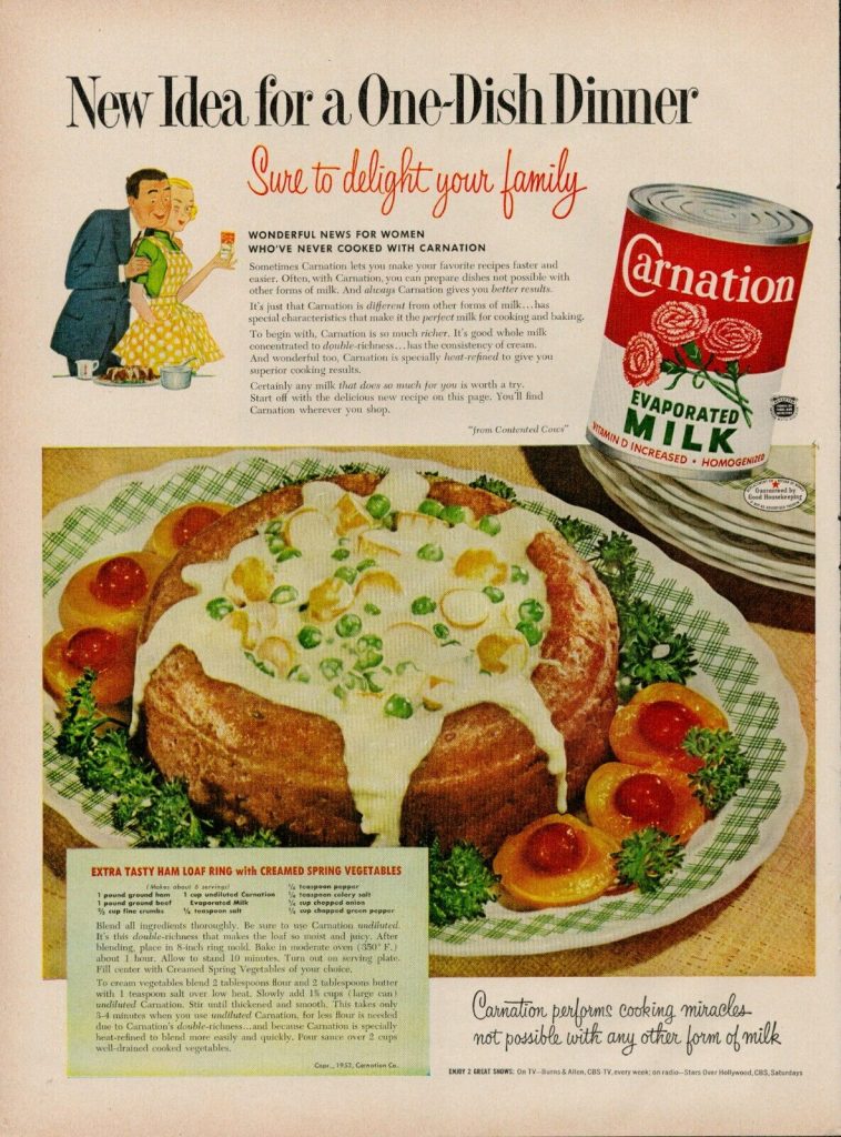 1950s vintage ad: 1953 Carnation Evaporated Milk featuring a vintage recipe for a Ham Loaf Ring Vegetables Recipe