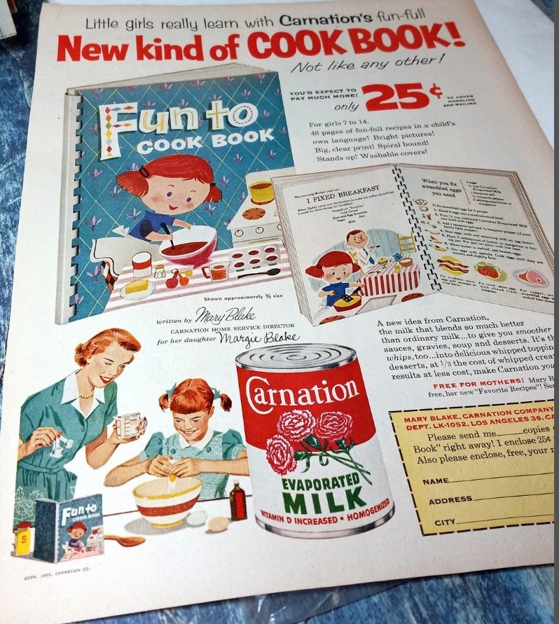 1950s vintage ad for Carnation Milk Cookbook for kids featuring 1950s recipes you could make with your child