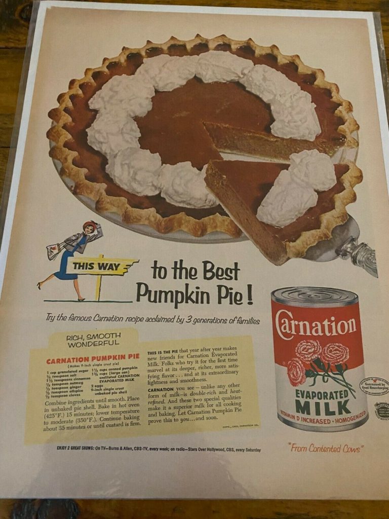 1950s vintage ad: 1953 Carnation Milk ad: "This Way To The Best Pumpkin Pie". Featuring a 1950s recipe for pumpkin pie. 