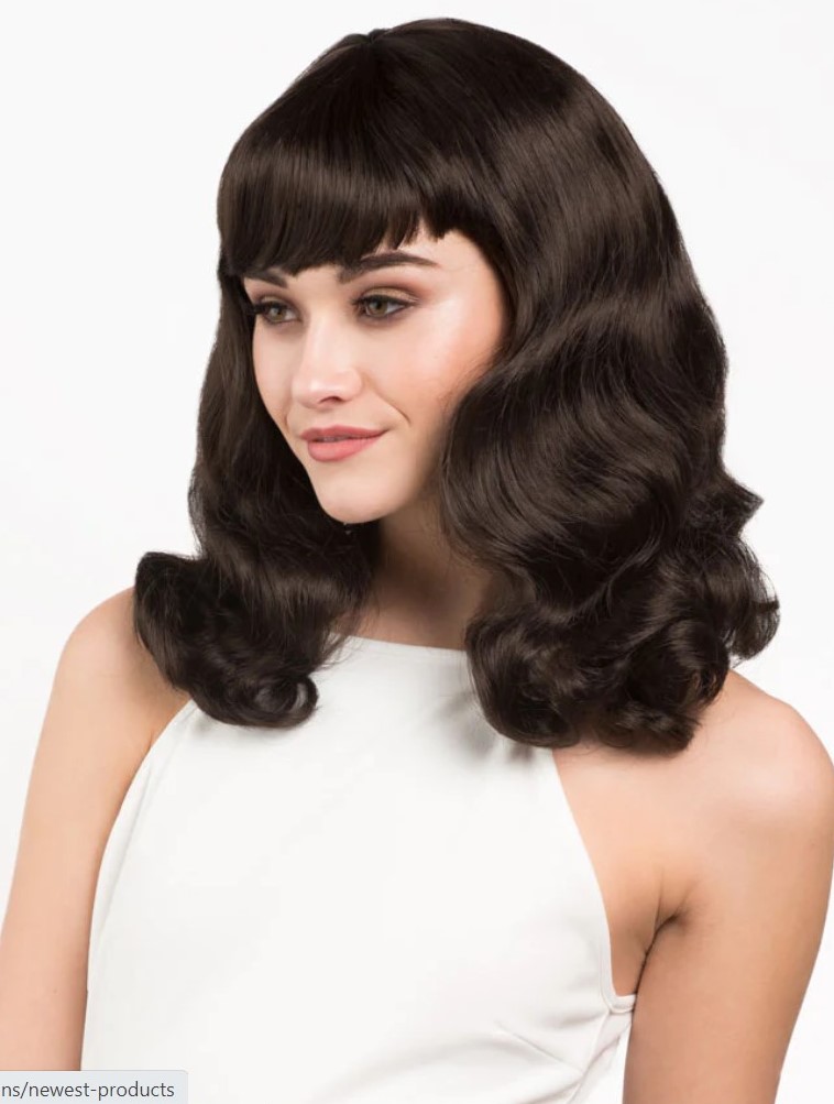 Annabelle's Wig: The BECCA a dark brown pinup style wig, finger waved with short fringe in a 1950s style