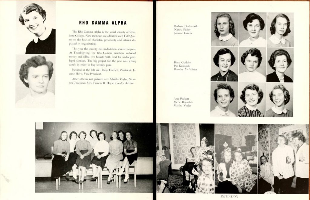 1950s vintage yearbook photos of the 'Rho Gamma Alpha Sorority' at the University of North Carolina at Charlotte, 1956 featuring 1950s hairstyles and 1950s fashions. 