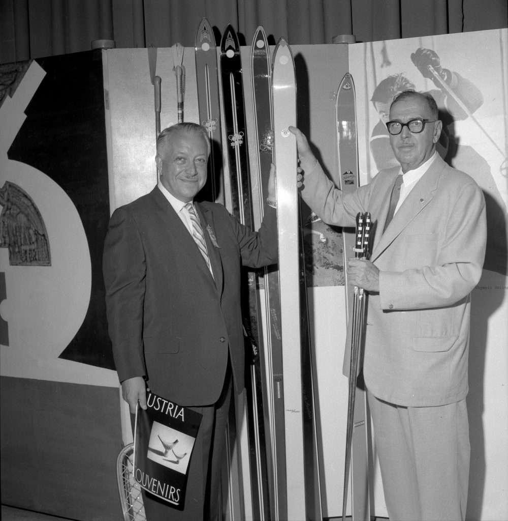 1950s vintage photo of the Austria exhibit showcasing downhill skiis at the Toronto CNE in 1959