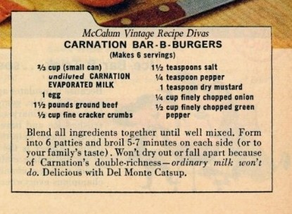 1950s vintage recipe for BBQ Burgers featuring Carnation milk as seen in a 1959 Carnation Milk vintage ad. 